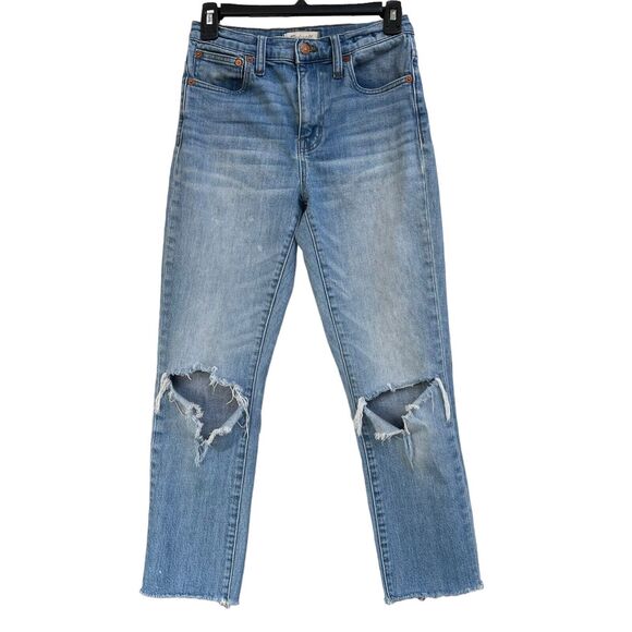 Madewell SZ 23 The High-Rise Slim Crop Boyjean Jeans Distressed Frayed Hems Blue - Picture 1 of 12